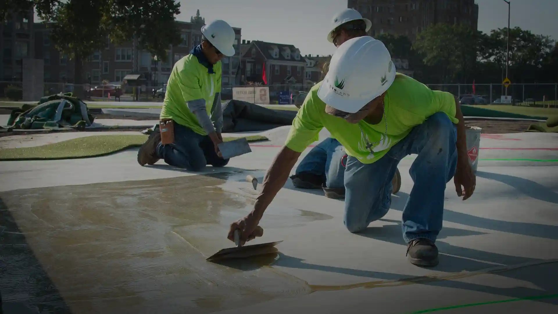 Three workers in high-visibility vests and hard hats applying a substance to a large flat surface.